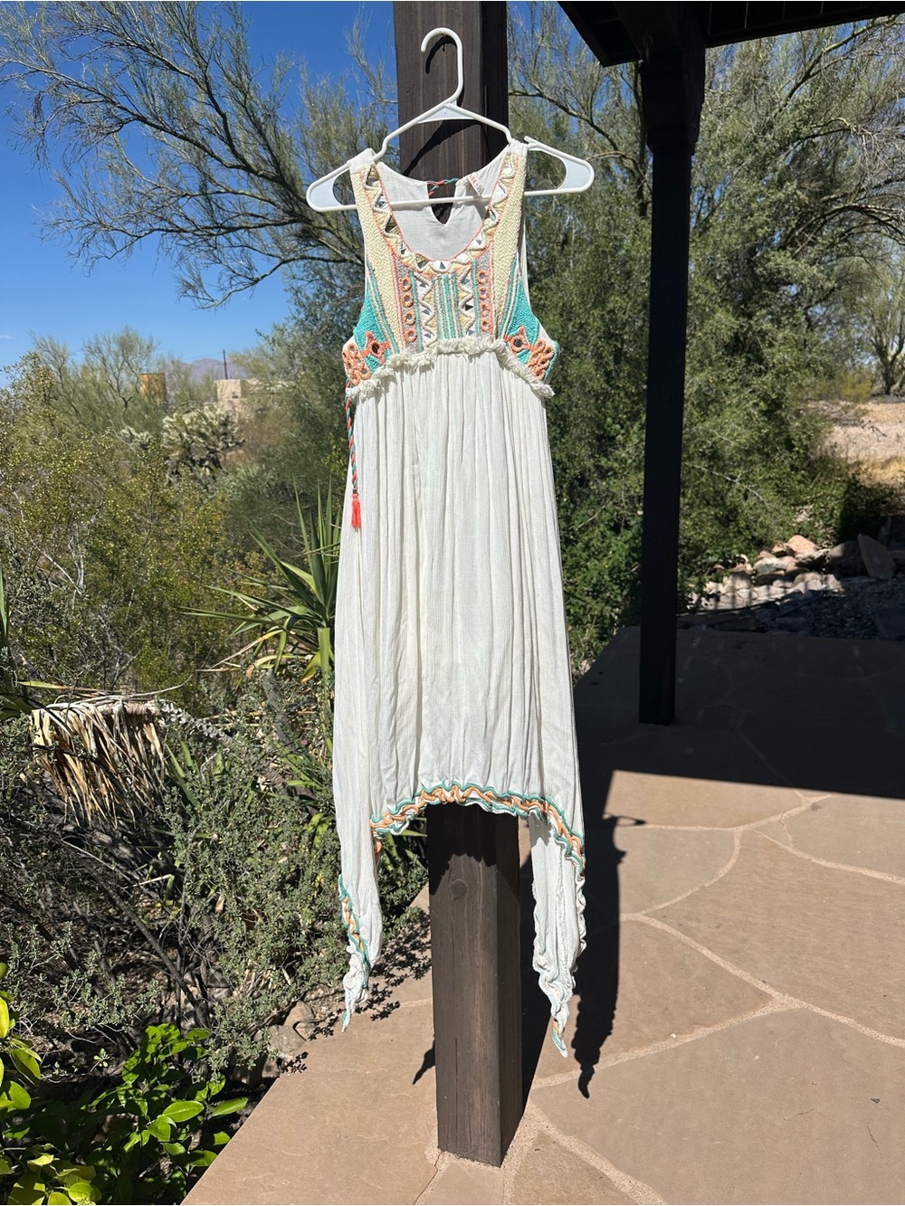 RAGA Cream Handkerchief Hem Dress with Turquoise & Coral Embroidery